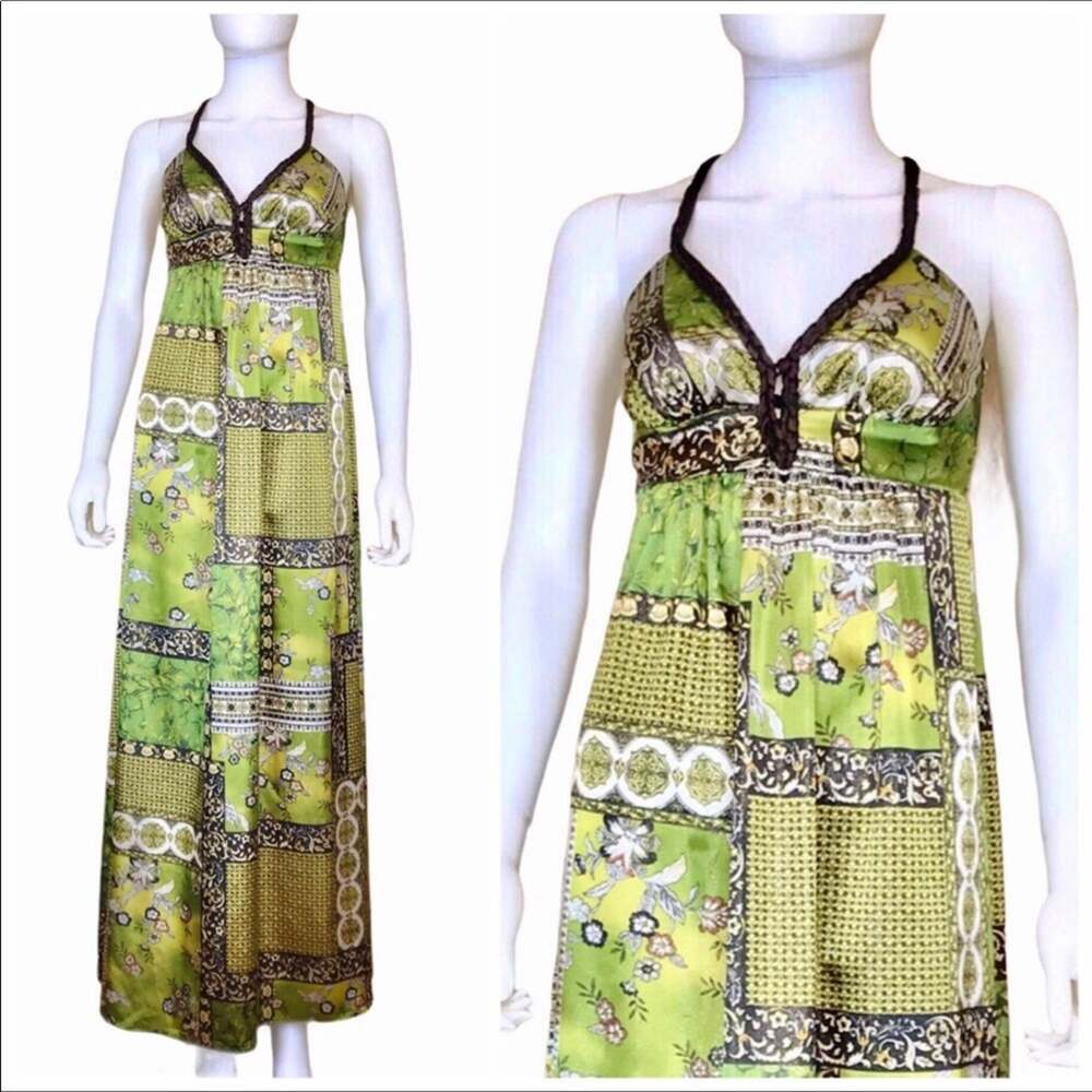 Patchwork Satin Sleeveless Maxi Dress Green Gold Black V-neck by S-12